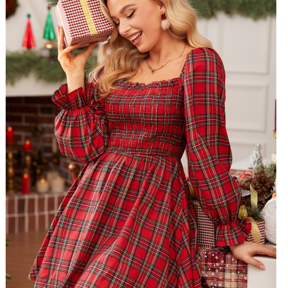 Cupshe Red Plaid Long Sleeve Dress